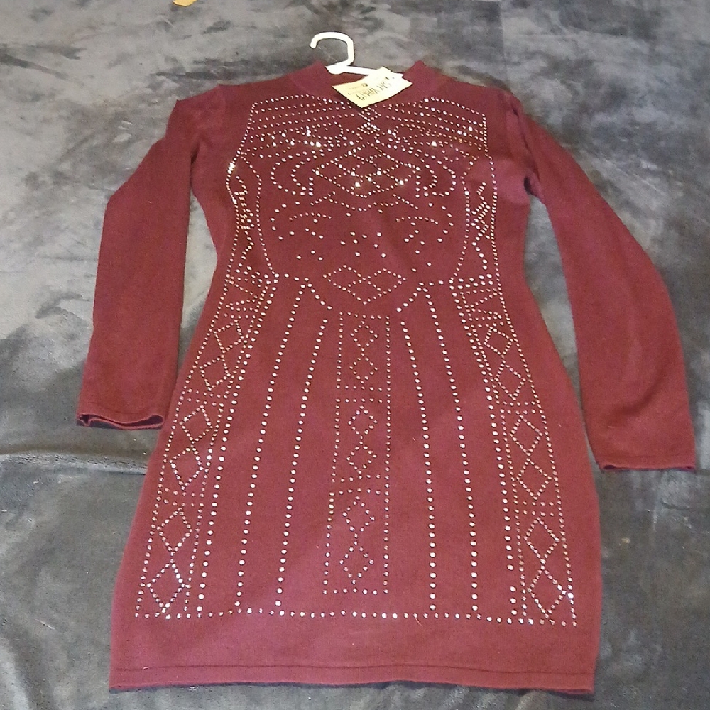 Burgundy Long Sleeve Dress with Studded Design